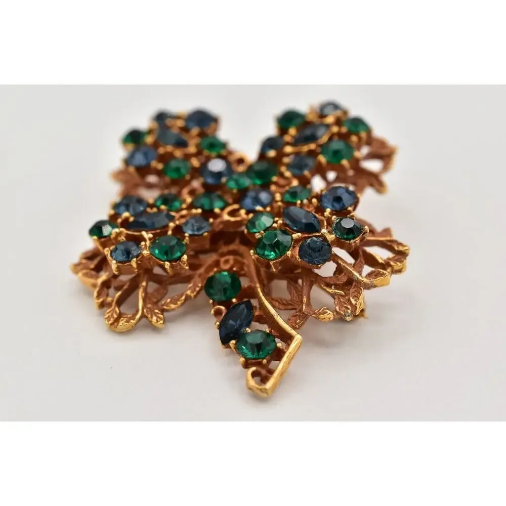 BSK Vintage Crystal Clover Pin Brooch Green Blue Rhinestone Gold Signed BinBG